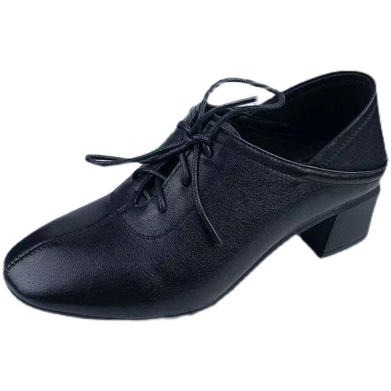 Leather single shoes women's spring and autumn new thick heel medium and low heel women's shoes square head lace-up cowhide black leather shoes