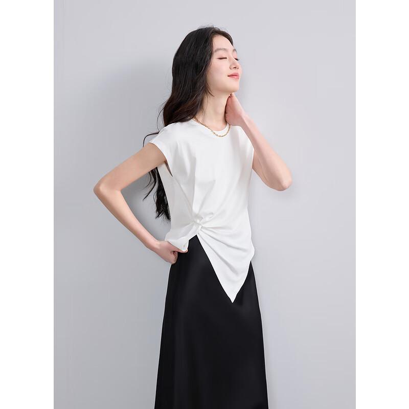 Sancai 2025 Summer Modal Cotton Round Neck Short Sleeve Pleated Slit Design T-Shirt S