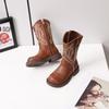 Children's Retro Brown Embroidered Chelsea Boots - Soft Sole Mid-Calf Denim Leather for Girls