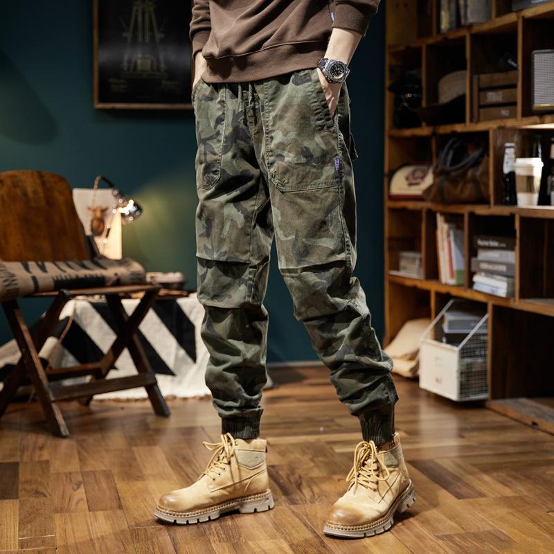 Men's tied feet camouflage overalls wide-leg pants men's micro-pull pants high-end high-crotch trendy pants retro trousers