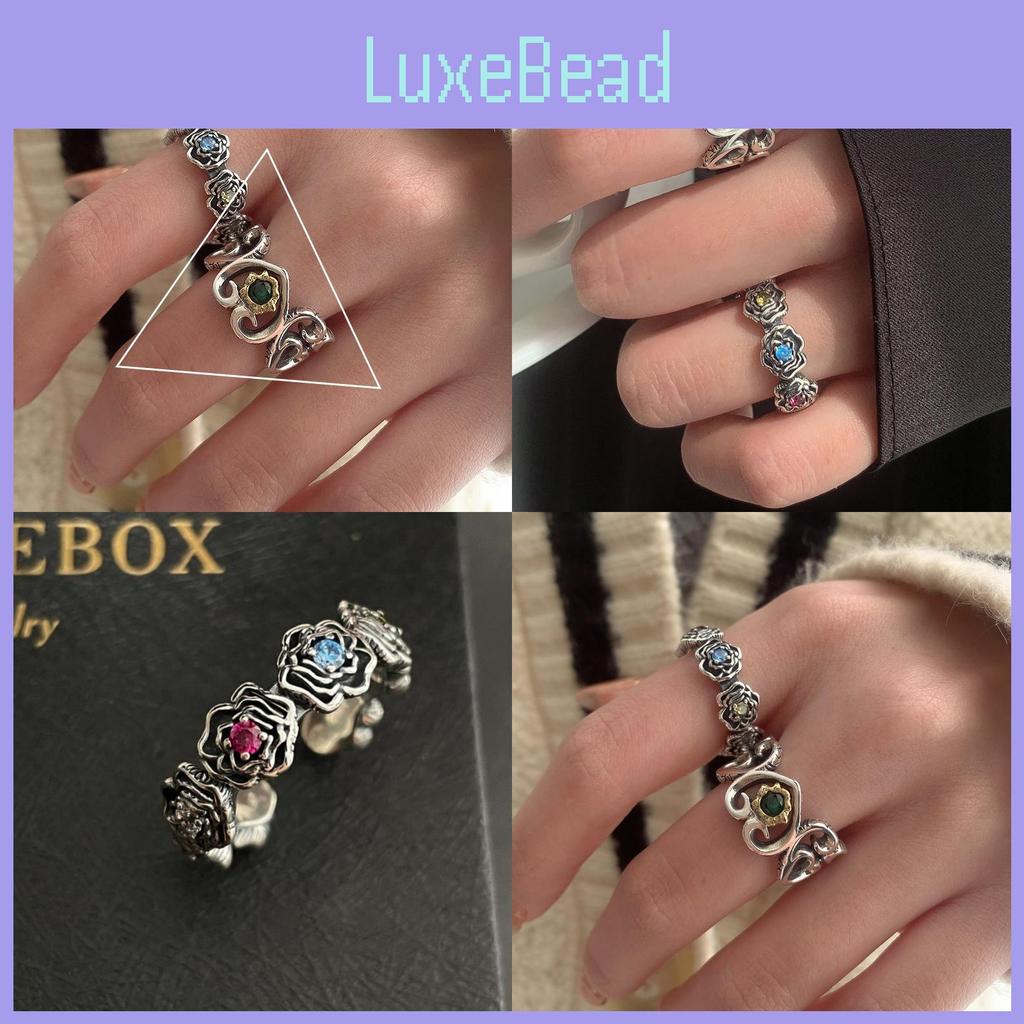 Elegant S925 Silver Rainbow Zircon Rose Flower Hollow Heart Adjustable Ring For Women
