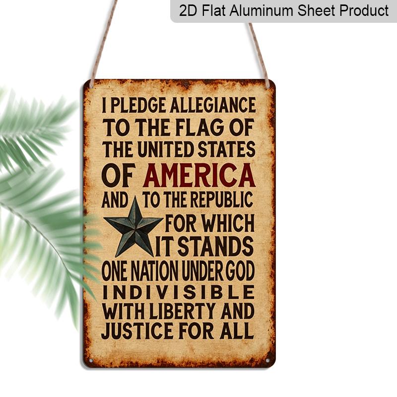 2D Flat, Vintage Aluminum Pledge of Allegiance To The United States Sign - Distressed Flag Wall Art with Stars & Stripes, Rustic Patriotic Home