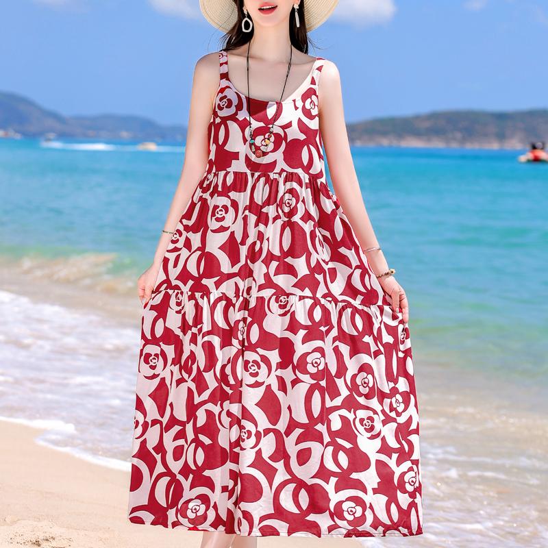 Elegant Sling Dress for Women Plus Size Casual Summer Long Dress Vintage Middle-aged Women's Clothing