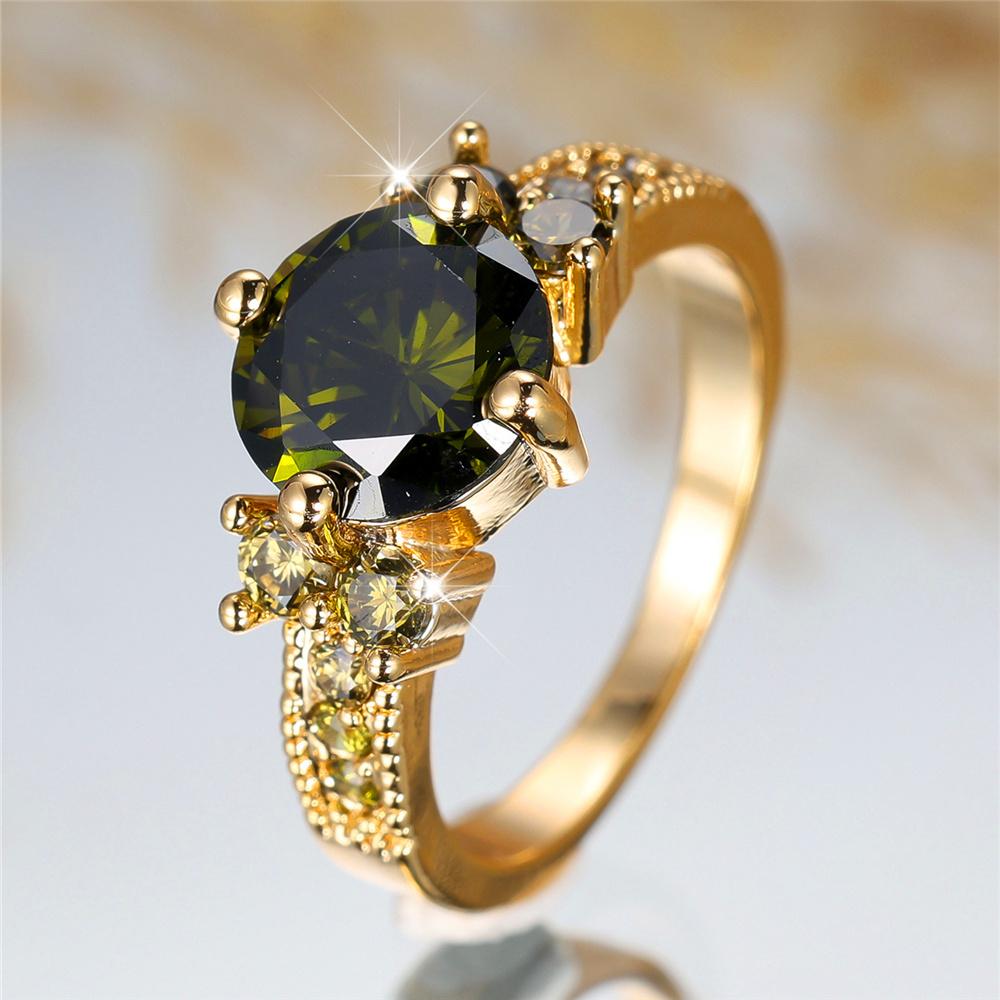 Luxury Crystal Olive Green Zircon Stone Round Rings For Women Vintage Gold Color Wedding Band Bridal Jewelry Engagement Gift