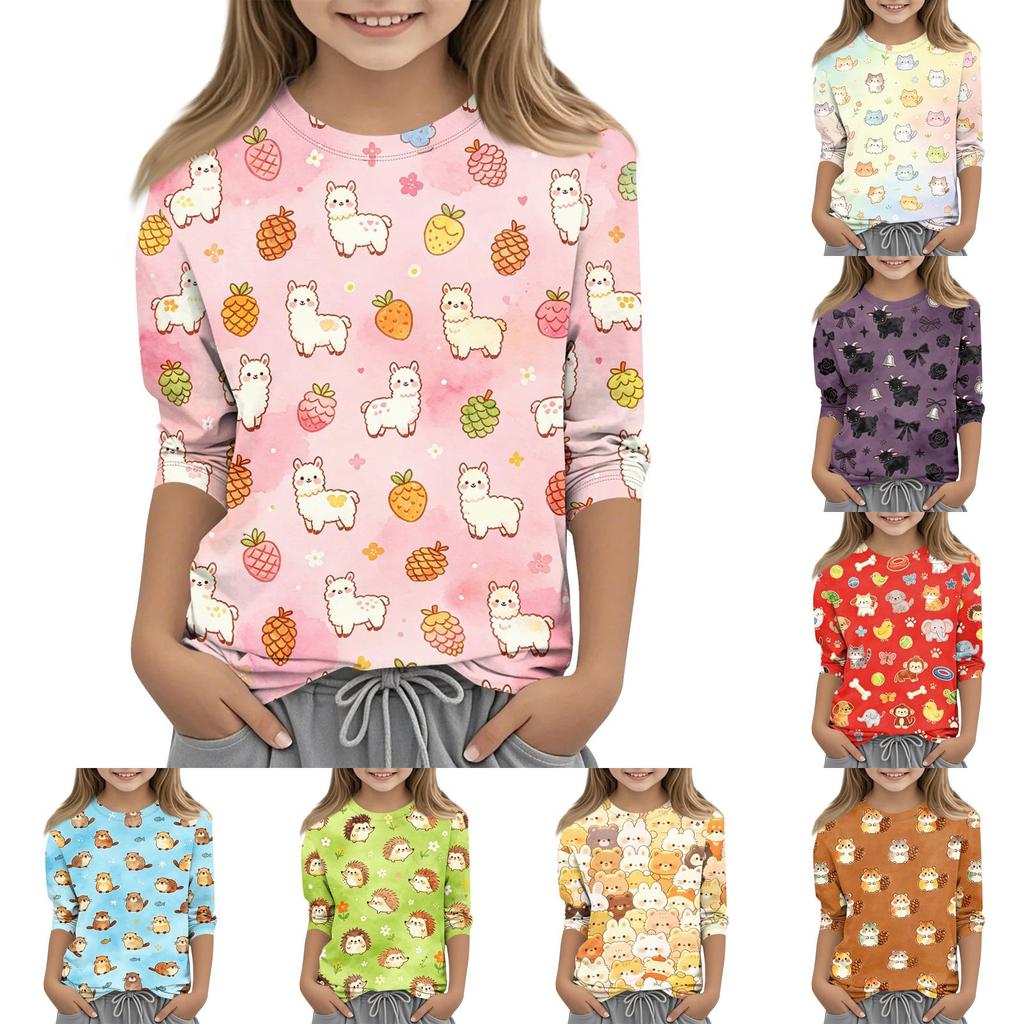 Kids Animal Print Crew Neck Three Quarter Sleeve Casual T Shirt Soft Fabric Comfortable Fit Lightweight Design Suitable for Everyday Wear