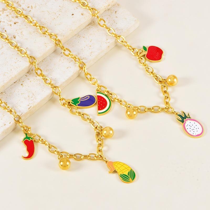 Rural Style Eggplant Corn Fashion Necklaces Color Drip Glue Pendant Necklace Exquisite Round Beads Stainless Steel Jewelry
