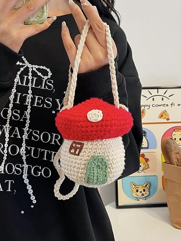 Mushroom Shape Kids Crossbody Bag With Handwoven Wool For Everyday Use