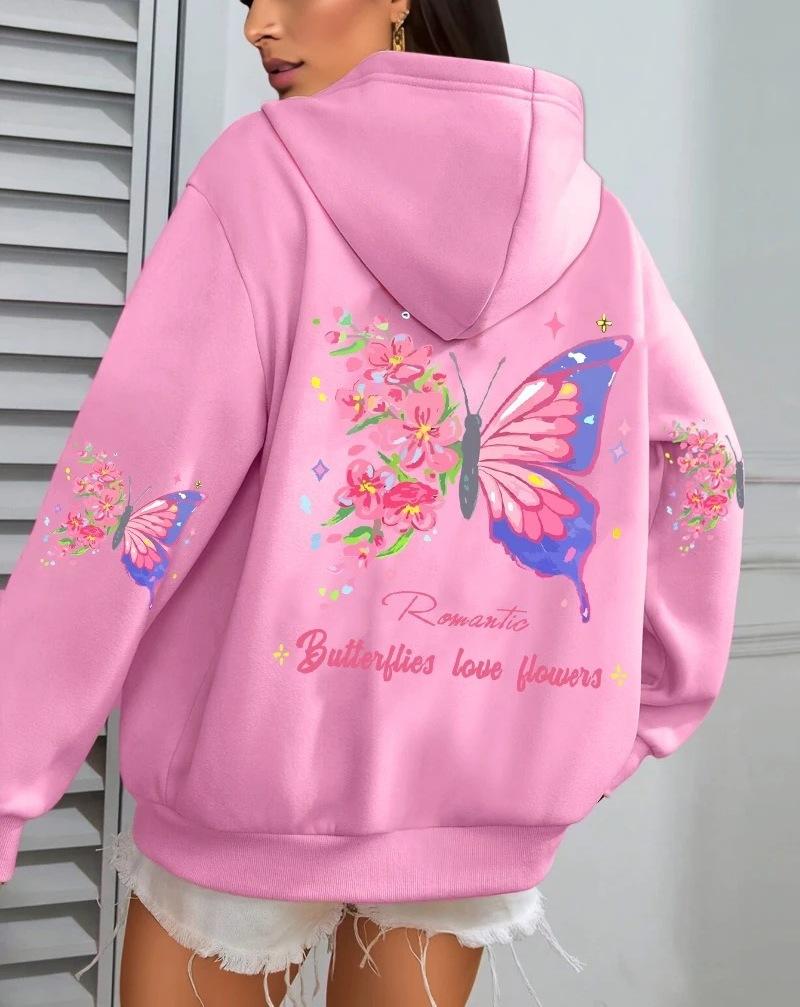 Farfalle Amore Fiori Print Women'S Hoodie Fall Loose Casual Pocket Fleece Jumper