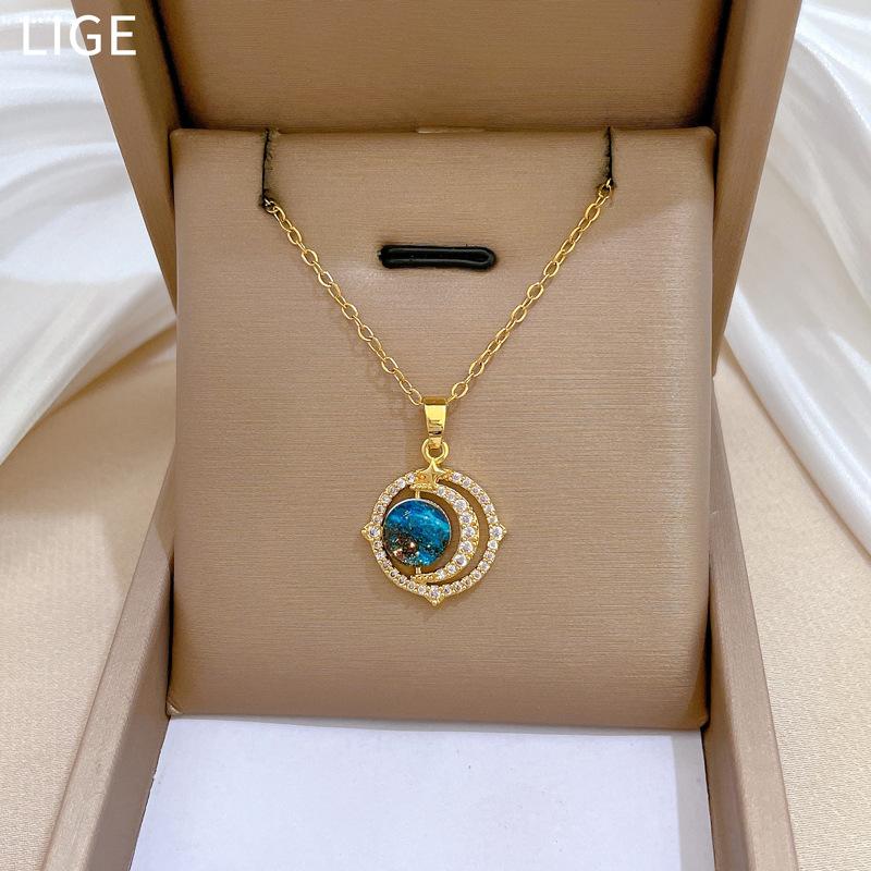 Van Gogh Oil Painting Starry Sky Fashion Light Luxury Temperament Gorgeous Full Diamond Necklace Female Versatile Collarbone Chain Titanium Steel