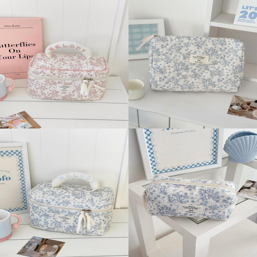Cotton Corduroy Makeup Bag With Floral Pattern And Breathable Design For Daily Use