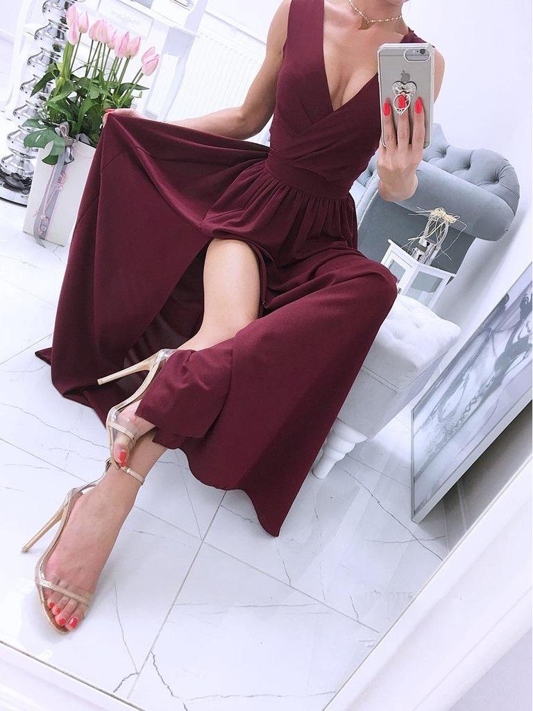 2023 Summer European & American Deep V-Neck Solid Color Maxi Evening Dress with Slit
