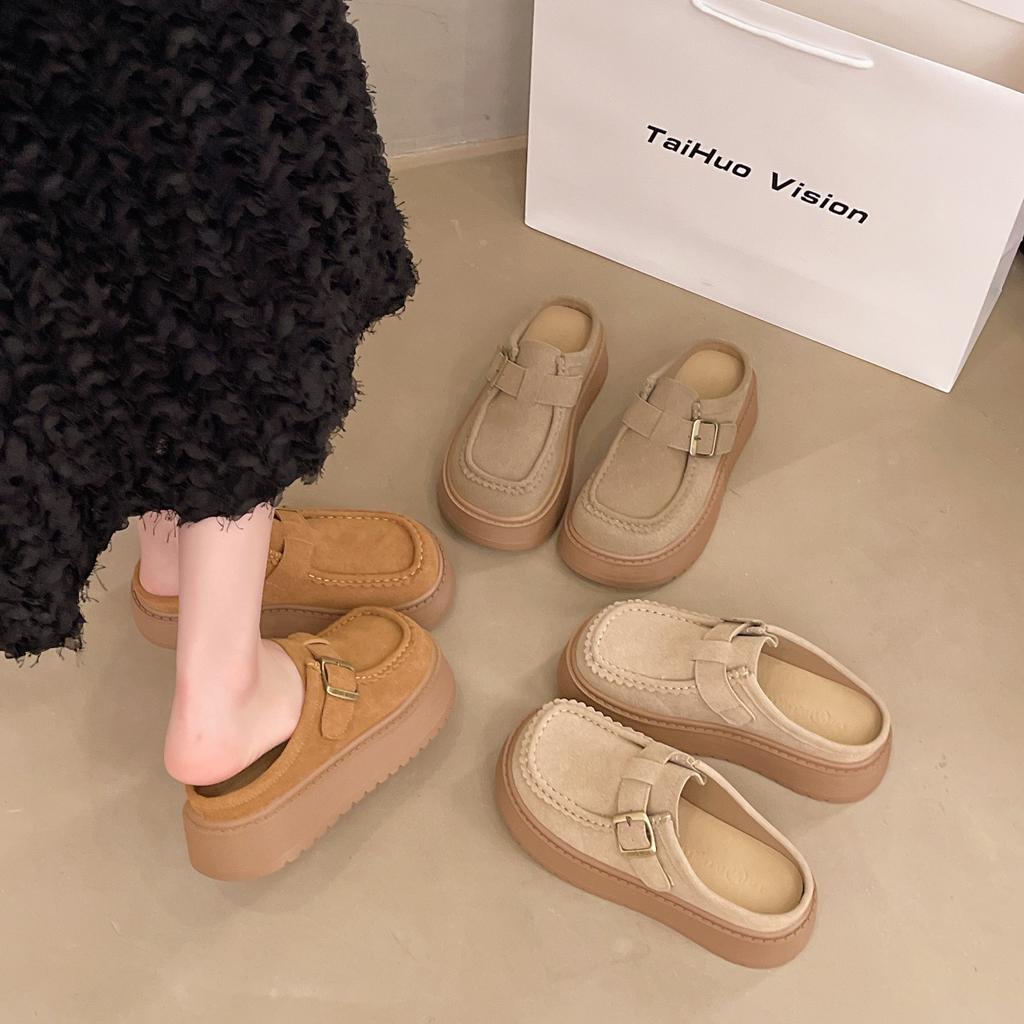 Retro Casual Muffin Sole Single Shoes Women's Spring Buckle British Versatile Fashion Platform Slippers One Pedal Loafers
