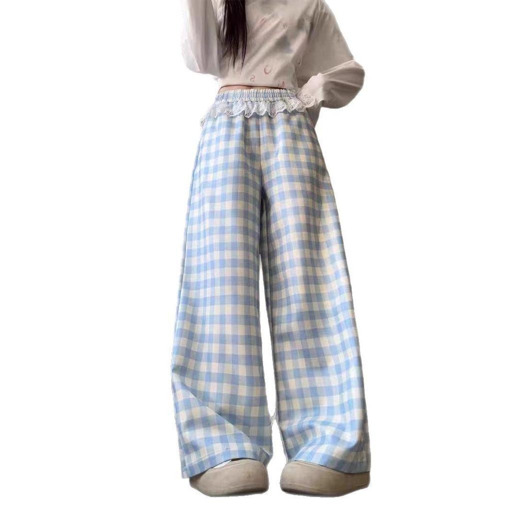 Lace Trim Blue Plaid Women's Wide-Leg Pants: High Waist, Loose Fit, Spring/Autumn 2025