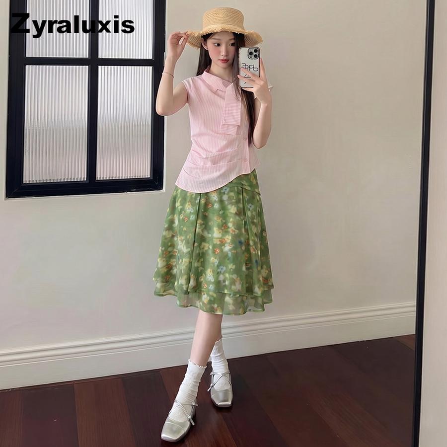 French Country Floral & Polka Dot Midi Skirt Women s Summer Ruffles Pleated Chiffon Short A-Line 5/7ths Mini Skirt S зелёный