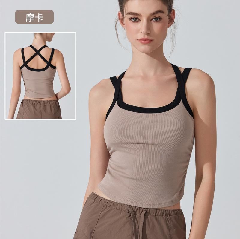 Contrasting Sports Underwear Yoga Suspender Vest Sexy Ribbed Inner with Chest Pad Outer Wear Cross Back Women