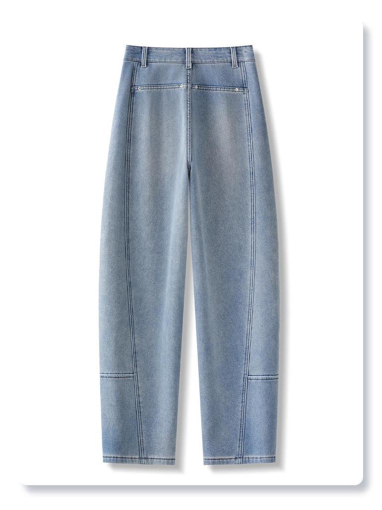 Light Blue Women's High-Waisted Velvet-Lined Banana Jeans, 2024 Autumn/Winter Loose Straight-Leg Style