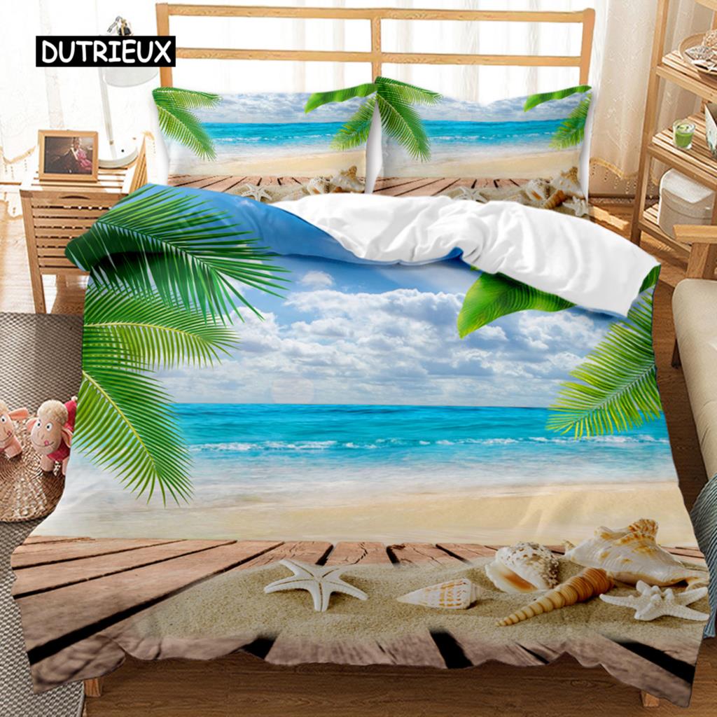 Beach Duvet Cover Set Summer Ocean Bedding Set Hawaiian Marine Sea Waves 3D Print Starfish Polyester Comforter Cover Queen King