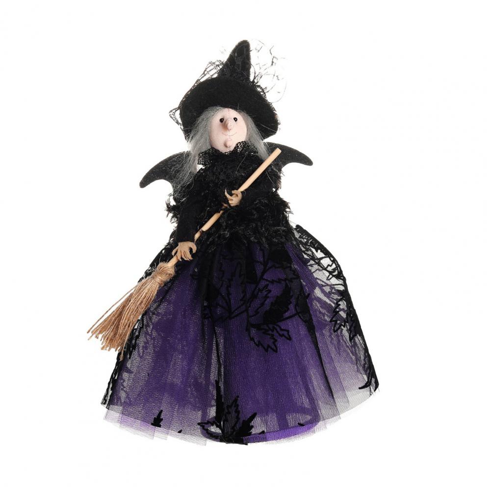 Conical Base Witch Decoration Spooky Halloween Witch Doll with Broom Gauze Skirt Small Figurine for Home Decor Parties Carnivals