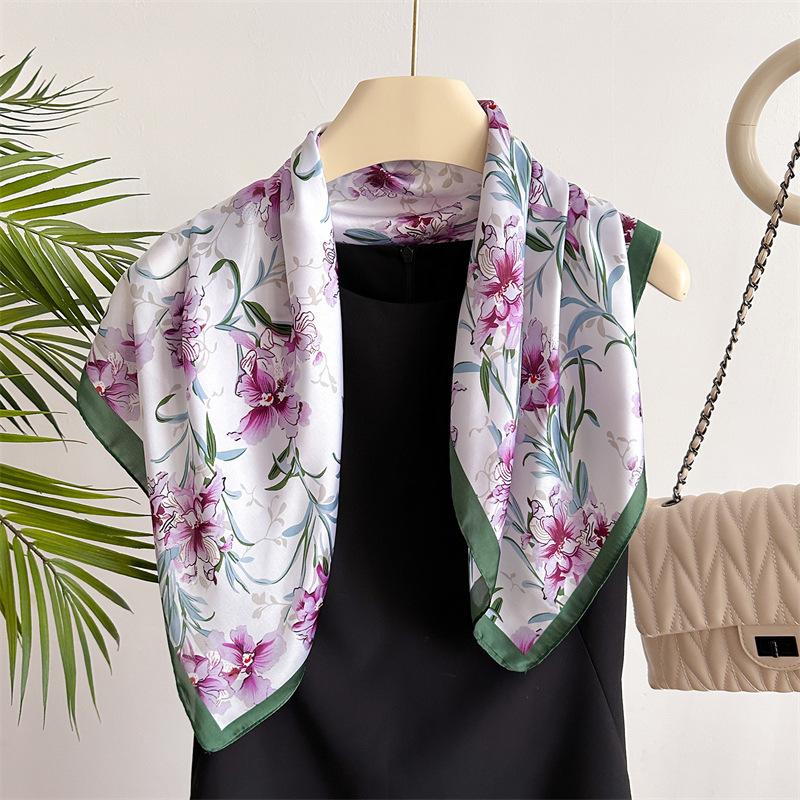 Spring and Autumn New 71cm Small Square Scarf Simulation Silk Scarf Headscarf Flower Printing Neck Protection Scarf Professional Scarf Scarf Scarf