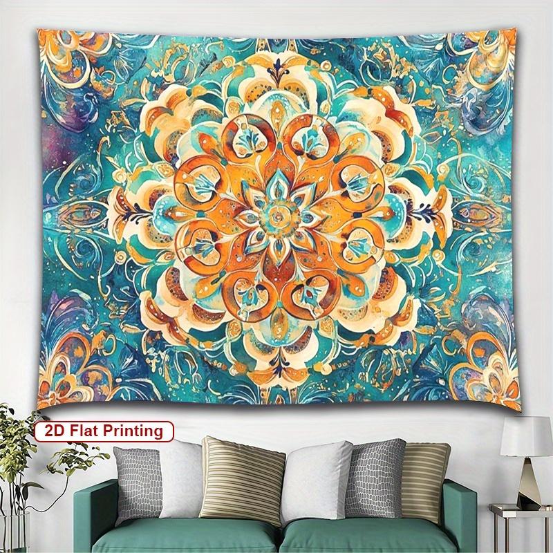 Bohemian Mandala Tapestry Turquoise and Orange Floral Design Psychedelic Wall Hanging for Bedroom or Dorm Decor 74x94cm(29x37in)