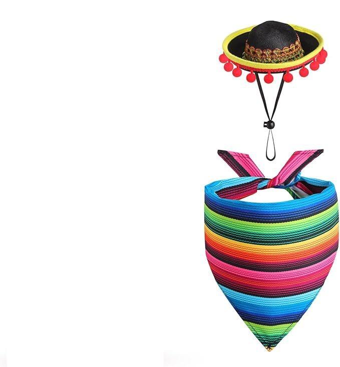 Porch Pet White Goose Mexican Hat Scarf Set Decoration Big White Goose Colorful Hairball Straw Hat Stripe