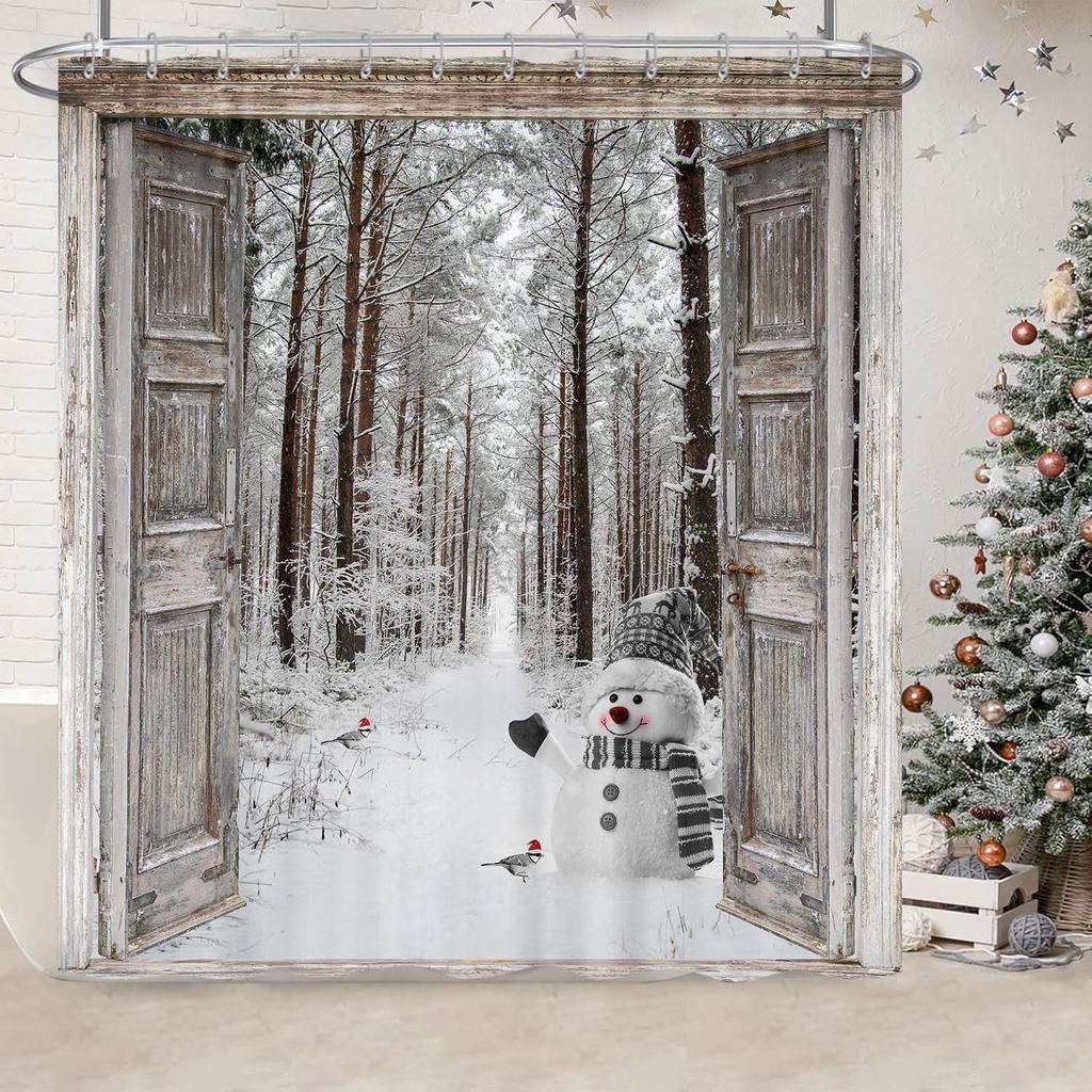 Winter Weihnachten Duschvorhang, Niedlicher Schneemann Winterwald Kiefer Szene Duschvorhang Für Badezimmer Rustikales Bauernhaus Weihnachten