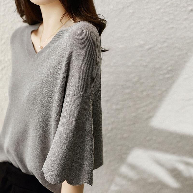 Womens Summer Knitting Shirt Petal Sleeve V-neck Top Loose Short Sleeve Ice Silk Sweater Thin Style Womens Fashion Shirt 14799
