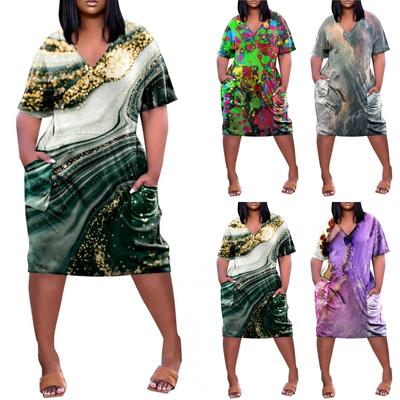 Robe décontractée imprimée pour femmes, grande taille, col en v, manches courtes, poche au genou, été