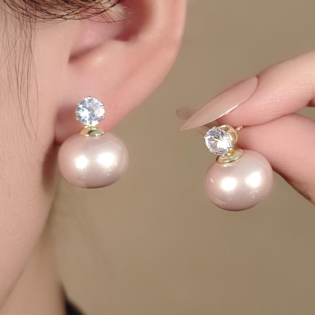 Diamond-Set Light Pink Imitation Pearl Steamed Bread Earrings, Autumn And Winter Light Luxury Celebrity Style Simple Temperament Earrings