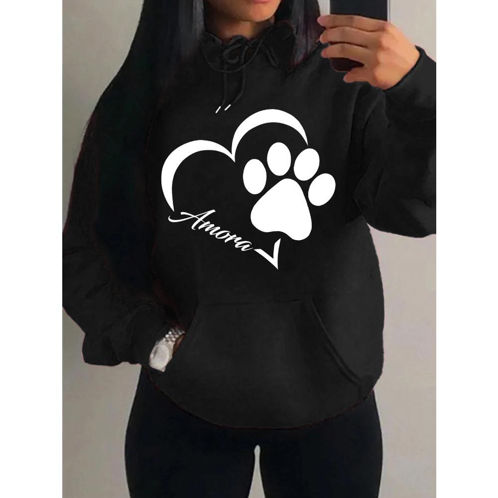 Love And Little Cat Foot Creative Print Women Hoody Fashion Autumn Sweatshirt Pocket Hoodie Sport Style Comfortable