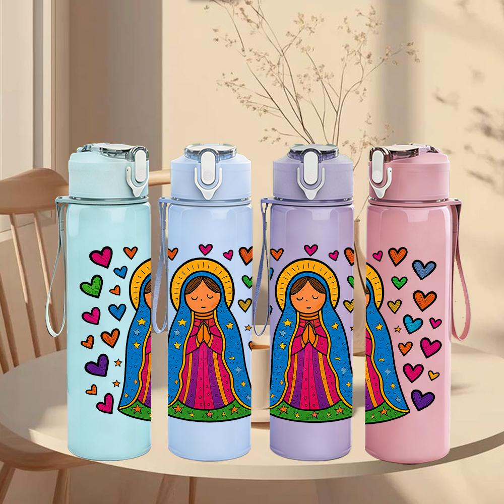 1PC Virgin Mary Heart Floral Frame 750ml Color Plastic Sports Water Bottle Leakproof Flip Straw Lid For Sports Office Home Use