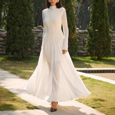 Vestido Maxi de Malha Vazada Gola Alta Ajustado Manga Longa Robe Cintura Alta Plissado Vestidos de Festa Nova Moda Feminina Roupas