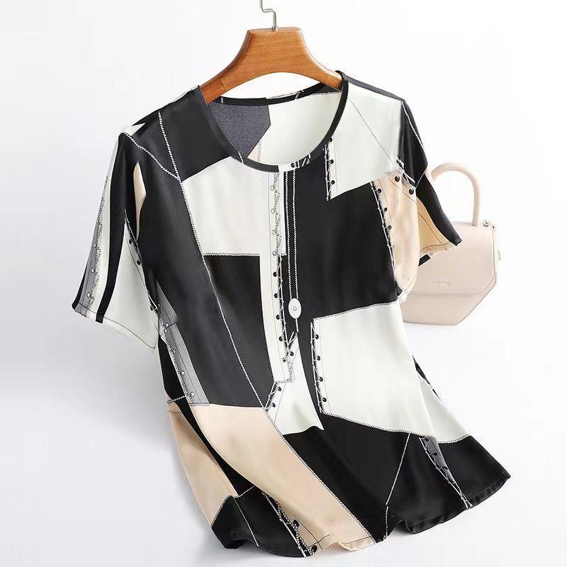 

Футболка из искусственного шелка, топ для женщин, летний принт из ледяного шелка для мам, модная базовая рубашка больших размеров для женщин 4XL бежевый