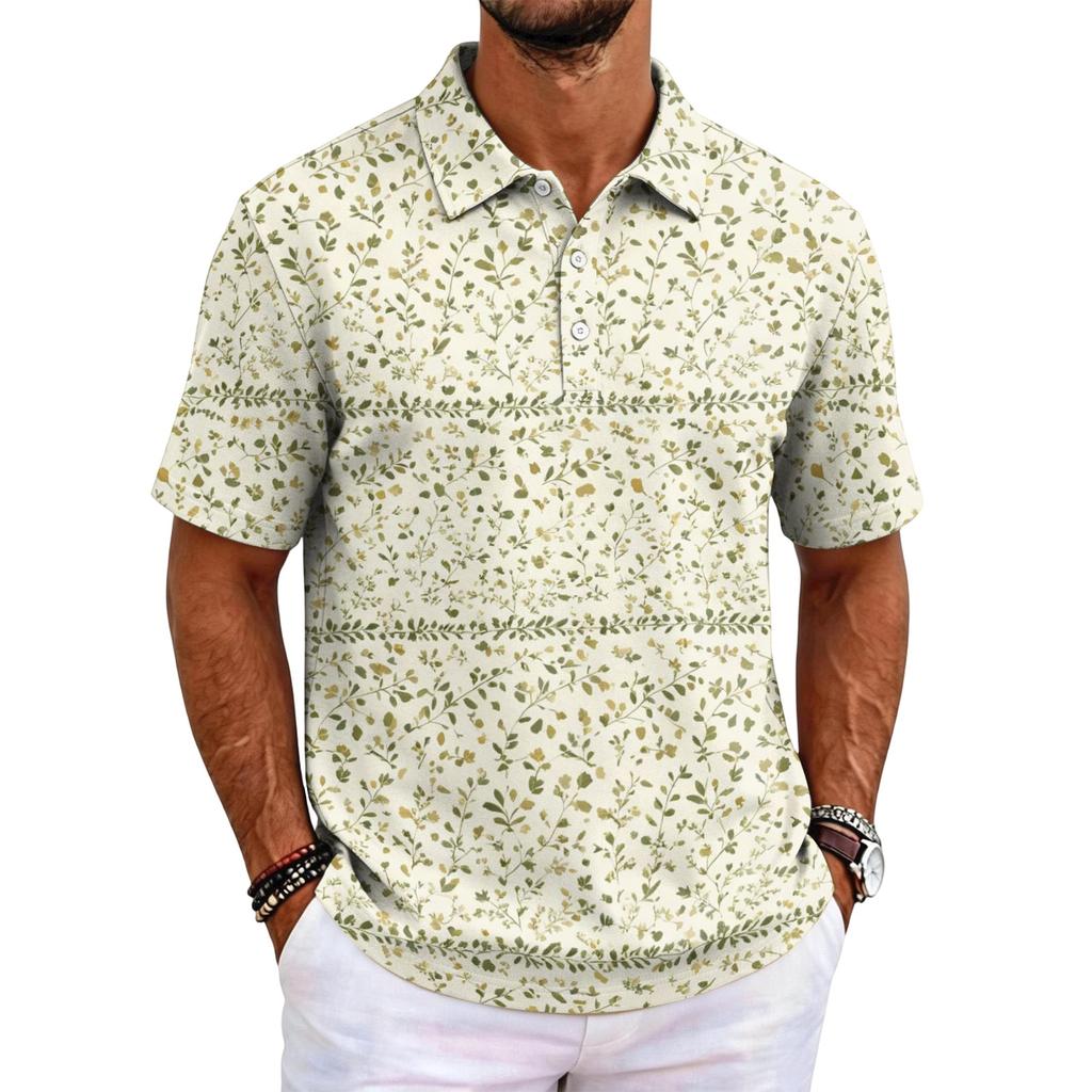 Men's Short Sleeve Polo Shirt Hawaiian Style Loose Fit Casual Top with Print and Classic Collar for Daily Wear