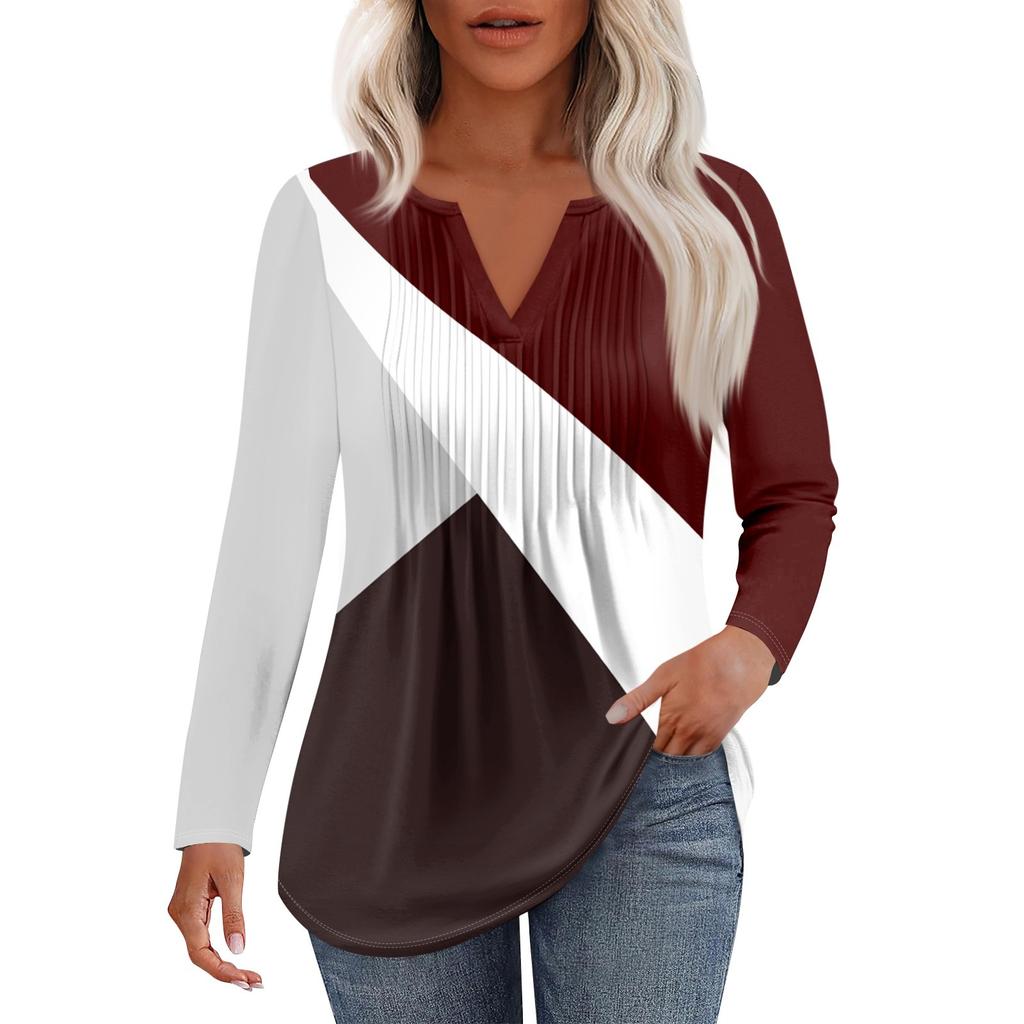 Dámská móda Ležérní Plisované Tričko s V výstřihem a Dlouhým Rukávem Elegantní Top