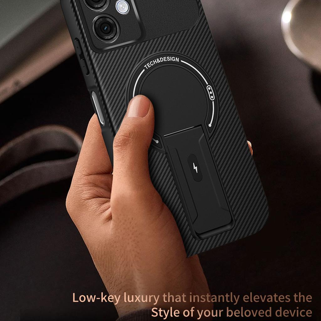 Pro Motorola Moto G54 5G Pouzdro Textura karbonových vláken PC+TPU Kryt telefonu se stojánkem