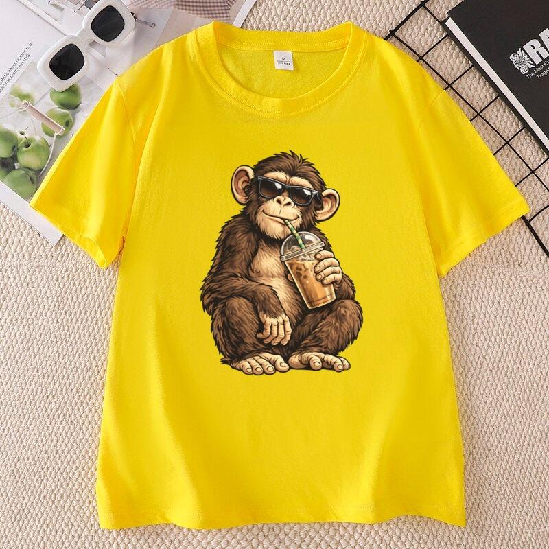 Funny Monkey Drinking Iced Coffee T Shirt Unisex Unisex Streetwear Animal Graphic TShirt Summer Short Sleeve Round Neck Tops