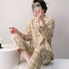 Spring and Summer New Women's Plaid Pajamas Set Long-sleeved Trousers Lapel Loungewear Pure Cotton Couple Cardigan Can Be Outside