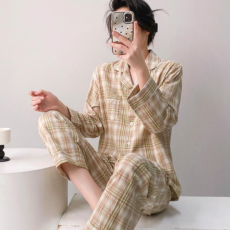 Spring and summer new women's plaid pajamas set long-sleeved trousers lapel loungewear pure cotton couple cardigan can be outside
