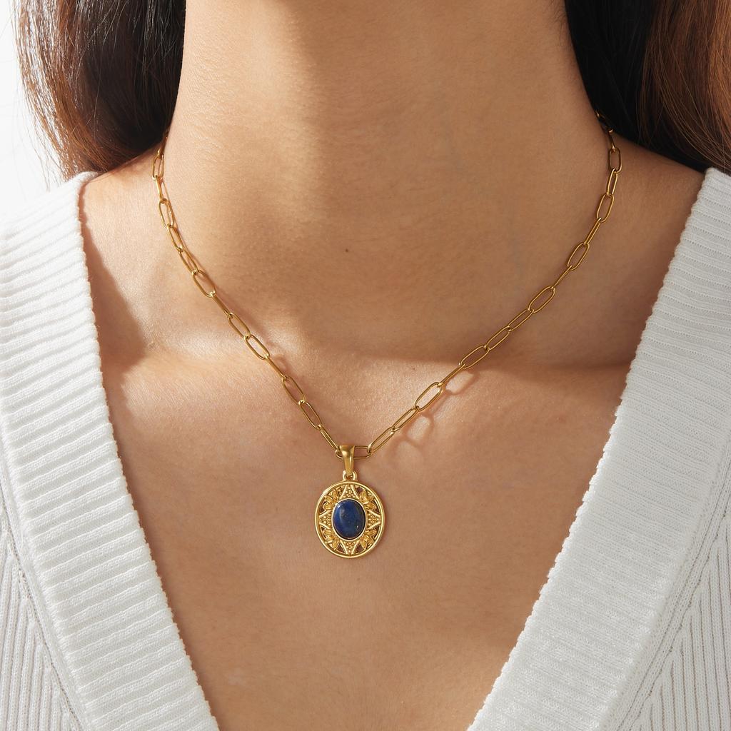 DIEYURO 316L Stainless Steel Gold Plated Sunflower Inlay Natural Stone Pendant Necklace Lady Fashion Bohemian Jewelry Gift