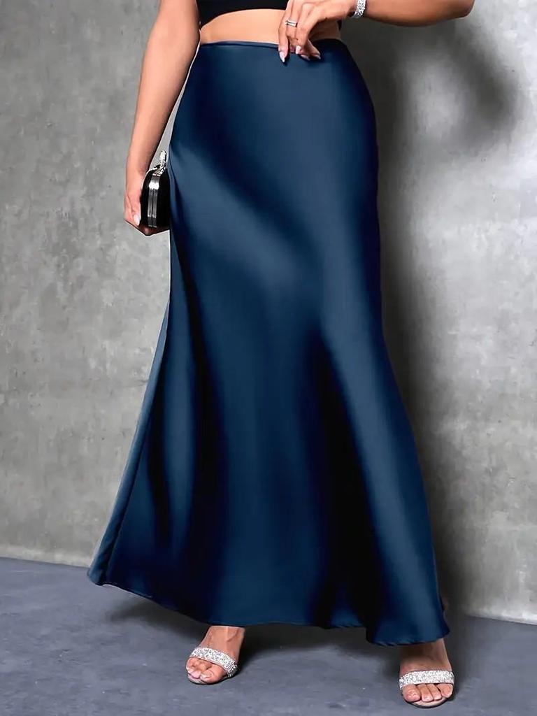 Elegant Women's High-Waisted Solid Color Satin Fishtail Skirt - Extra Long Length, 2025 Collection.