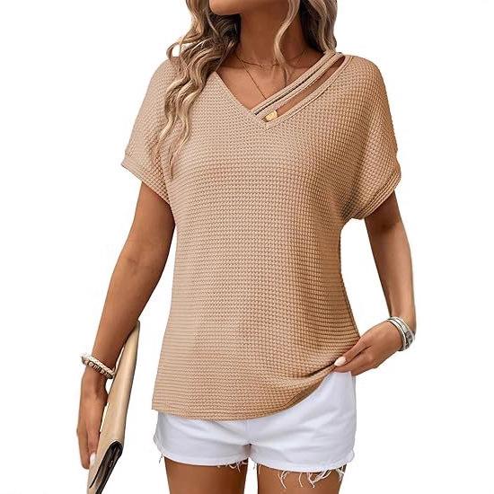 European & American Women's Waffle Knit V-Neck Short Sleeve Shirt