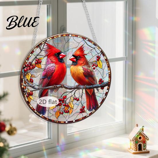 Christmas Window Decorations Acrylic Hanging Decor 2D Holographic Stained Glass Art Vintage Style Holiday Ornament with Metal Chain Double-sided