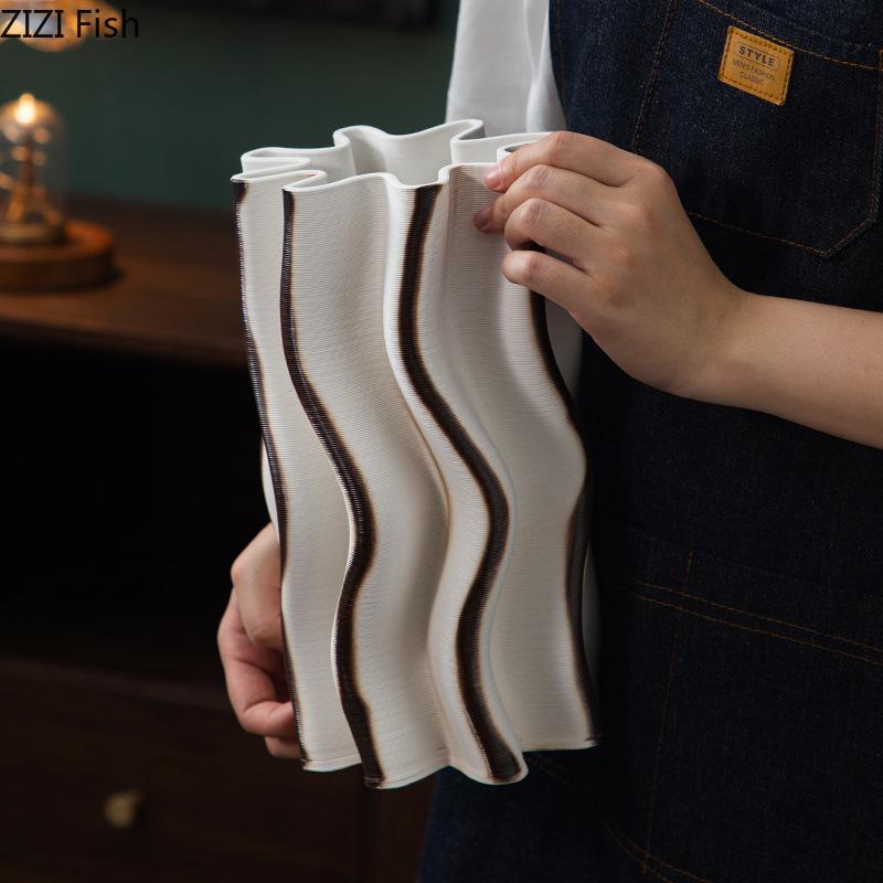 Wave Striped Ceramic Vase Creative Plant Pot Table Decoration Ornaments Flower Arrangement Floral Vases Room Aesthetic Decor