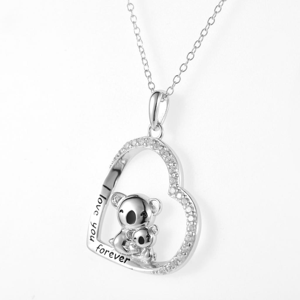 Koala Mother with Child Real Zircon Heart Pendant in Sterling Silver Mothers Day Gift