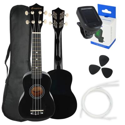 Suprimo Uk21 Set Bk Ukulele Sopran 21" Schwarz Holz Tasche 3 Plektren Ersatzsaiten Stimmgerät Set Für Kinder Zum Lernen Spielen