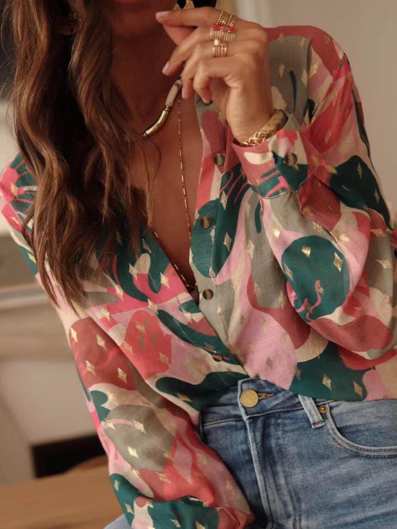 

European Summer Casual Women s Long Sleeve Printed Lapel Shirt XL