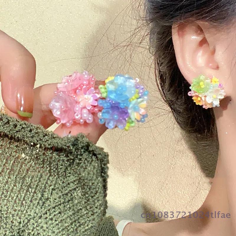 Embroidered Ball Flower Stud Earrings with Contrasting Resin for Stylish Women; Sweet Fashion Ear Jewelry
