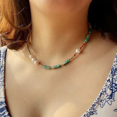 Bohe Green Semi-precious Stones Necklace Pearl Beads Choker Necklace Handmade Jewelry for Womens Gifts