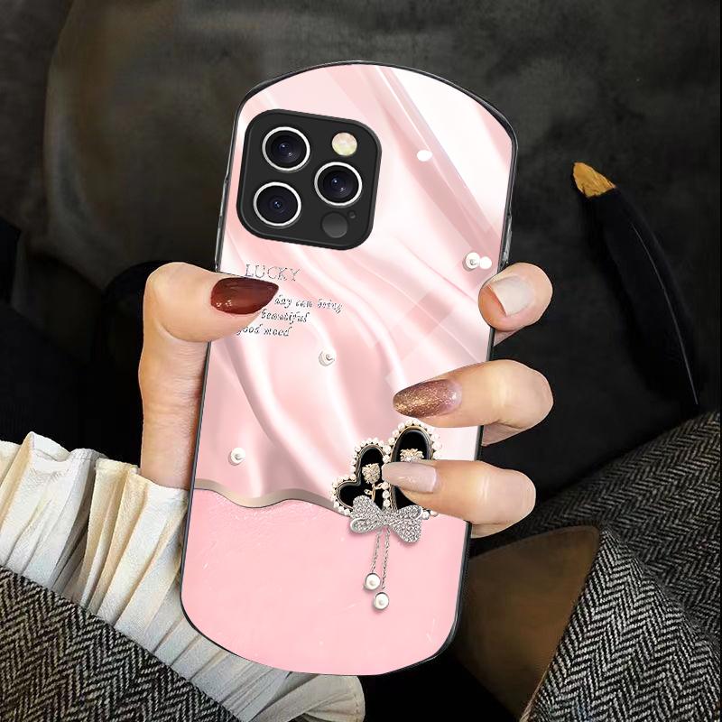 

Diamond Love Knot For IPhone 16 Pro Max 11 12 Mini 13 14 P Lus 15 Plus 7 8 Se 2020 X Xs Elliptical Tempered Glass Phone Case For iPhone 13 Mini